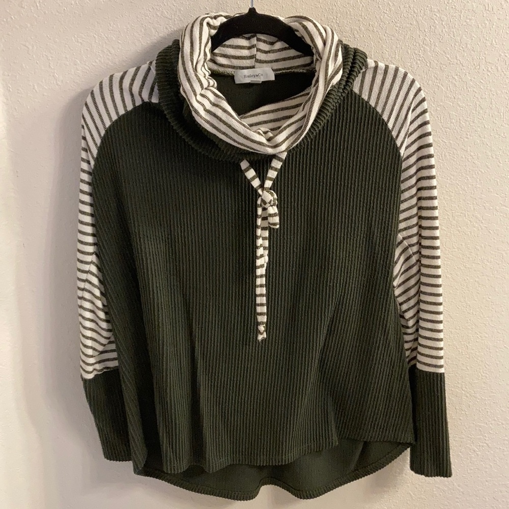 —Medium Olive Green and white Hailey & Co Cowl Neck Top